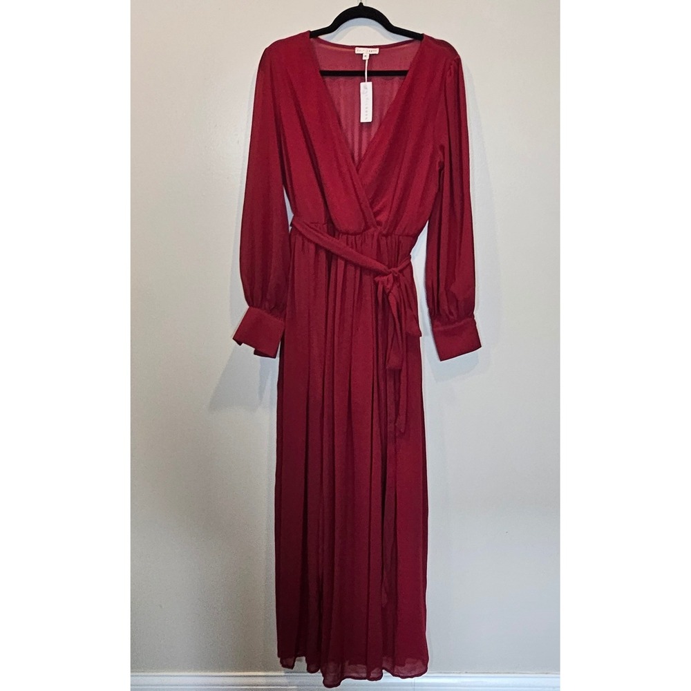 266. Baltic Born Celine Maxi Dress Wine Red Chiffon Long Sleeve V-Neck XL NWT